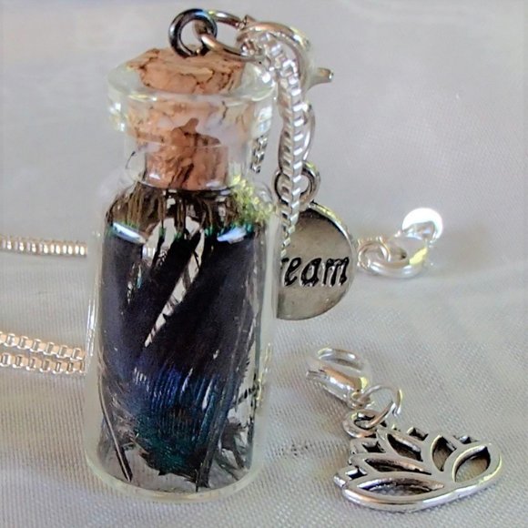 Peacock Feather Glass Bottle Necklace Buddha Hand Lotus Dream Zip Pull Handmade - Picture 6 of 15